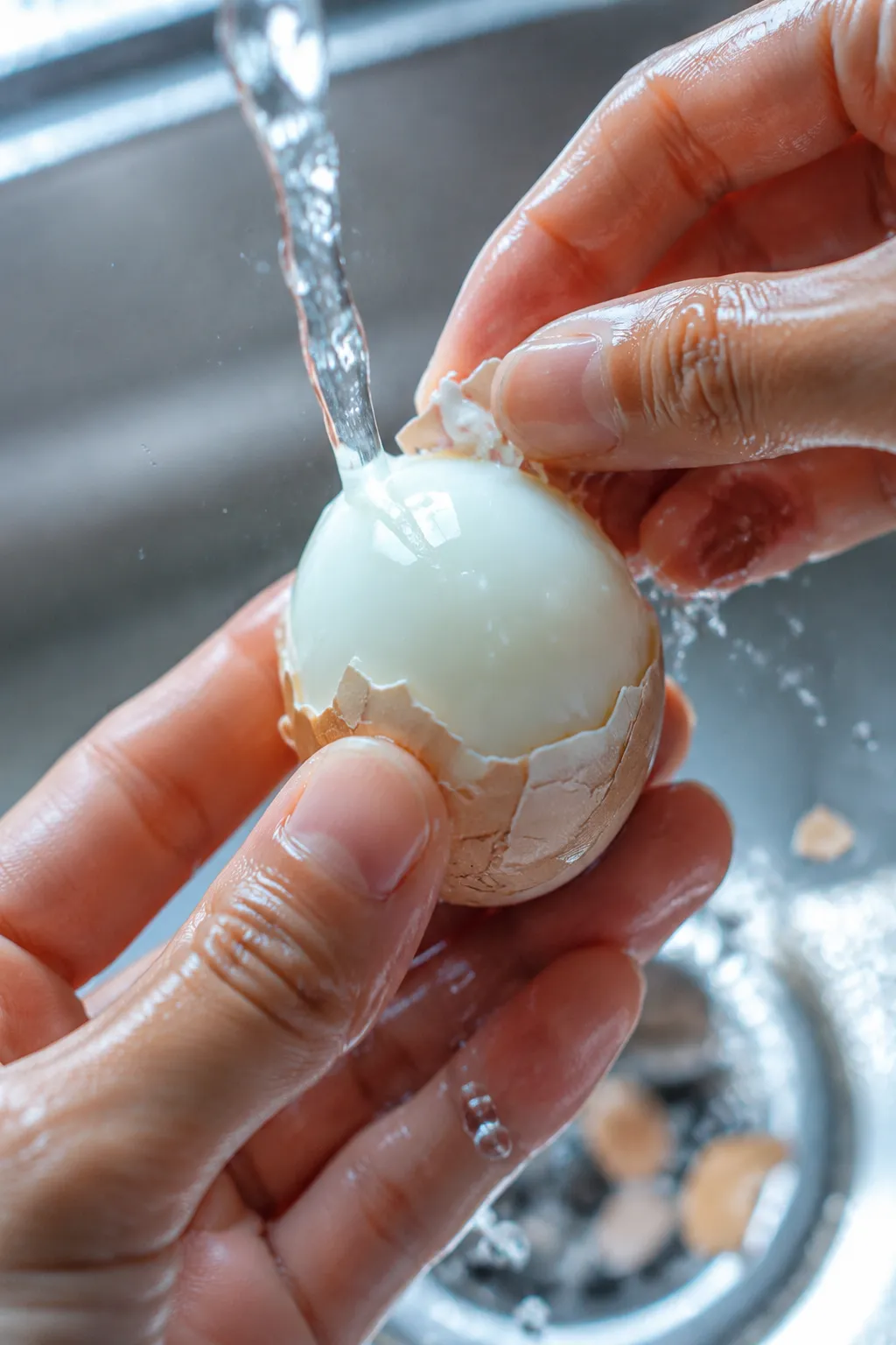 Peeling perfect jammy eggs cleanly under running water