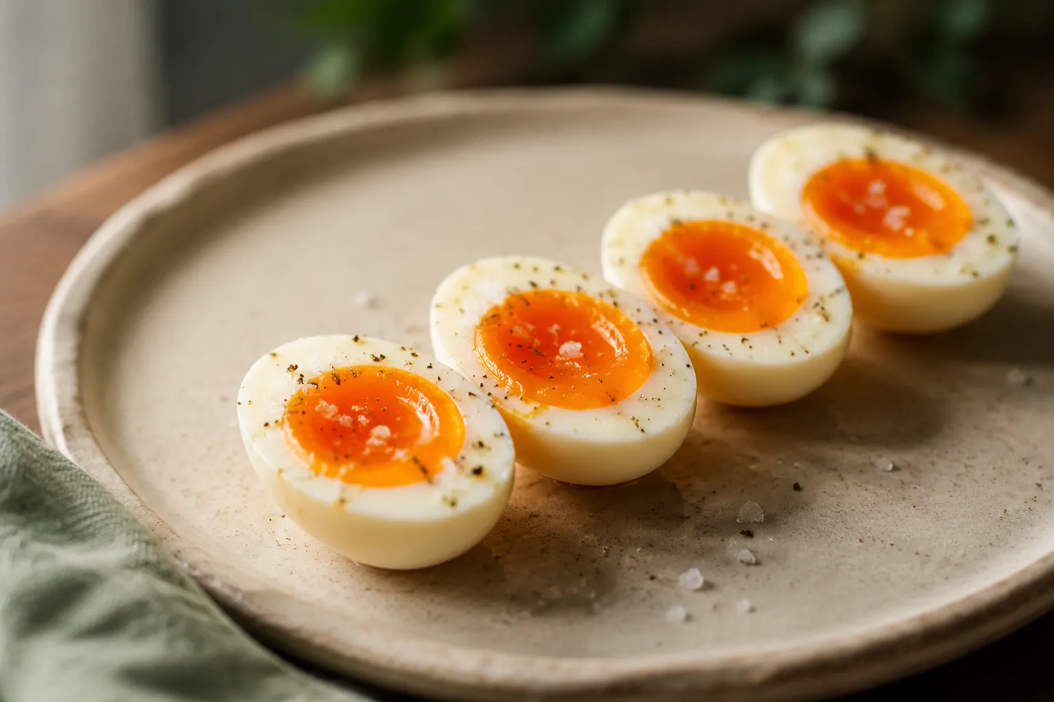 Perfect jammy eggs halved on a plate with custardy yolks