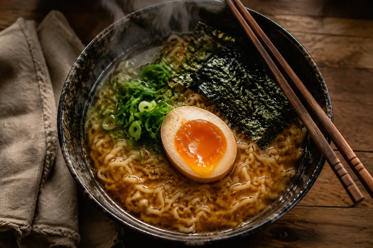 Jammy eggs served on top of ramen with scallions and nori