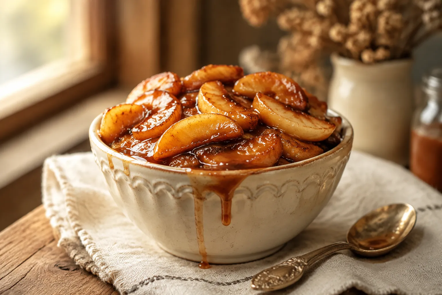 Bowl of finished fried apples with cinnamon brown sugar sauce