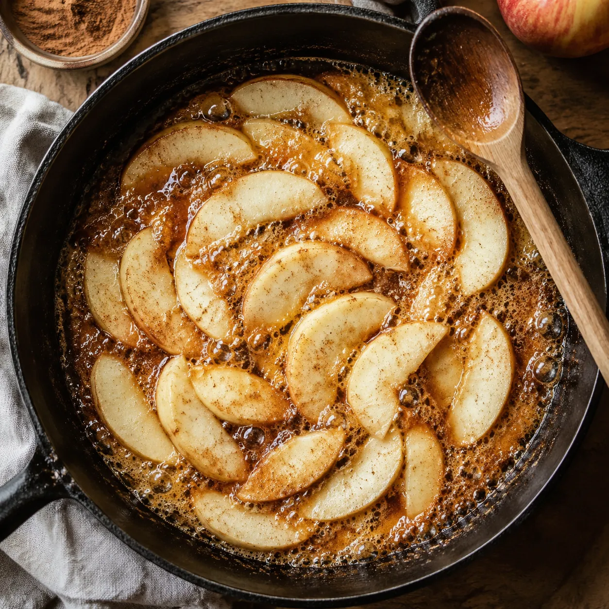 Cooking fried apples in a skillet with cinnamon and brown sugar