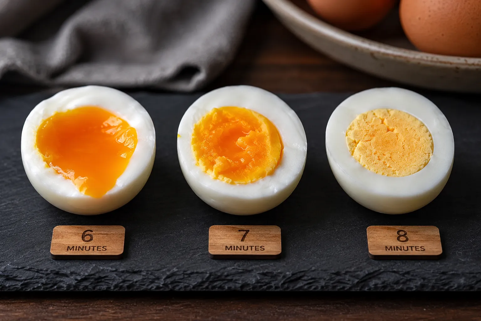 Jammy egg time comparison from 6 to 8 minutes including jammy hard boiled eggs