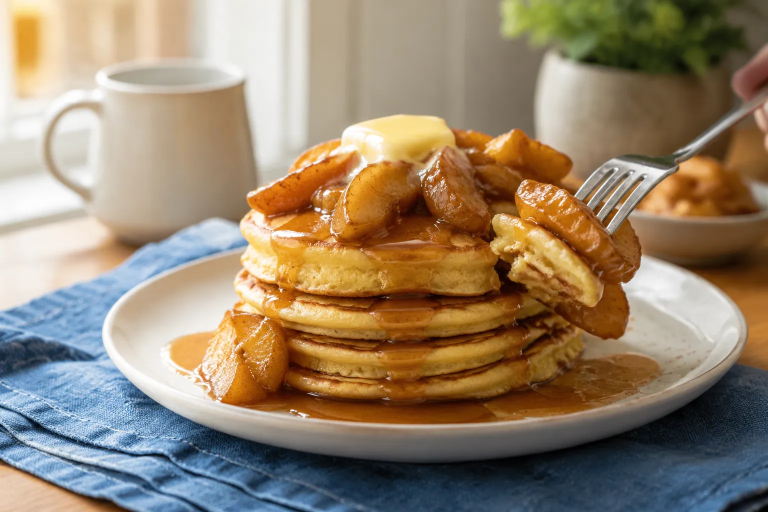 Fried apples served over buttermilk pancakes for breakfast