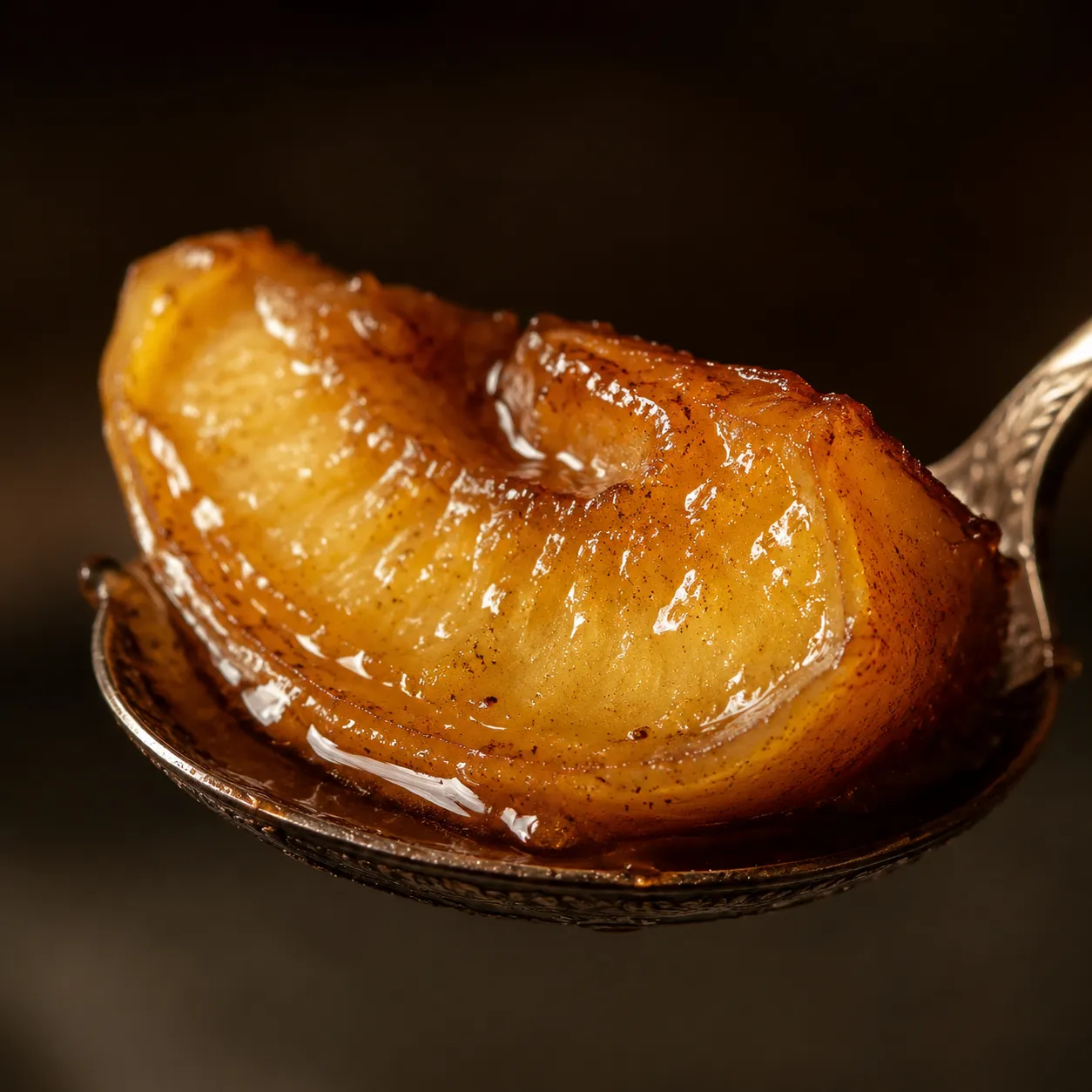 Close-up macro of a glazed fried apple slice on a spoon