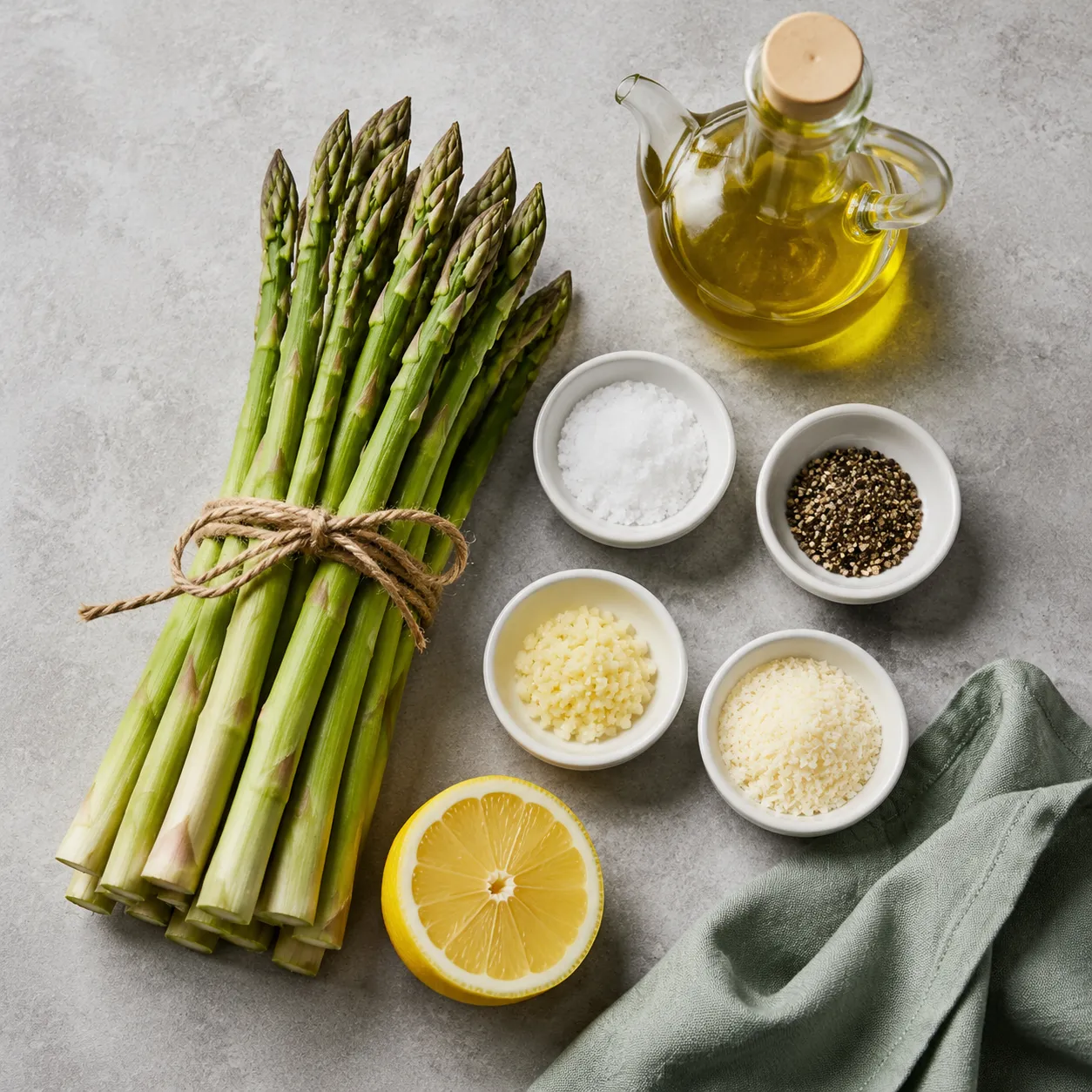 Ingredients for baked asparagus including olive oil, garlic, parmesan and lemon
