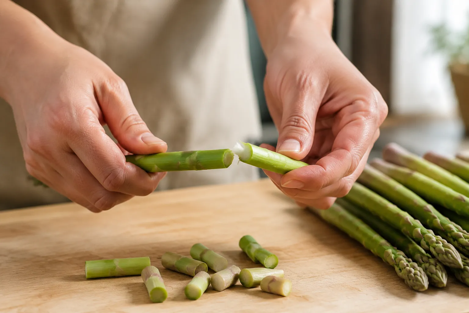 Hands trimming woody ends from fresh asparagus spears