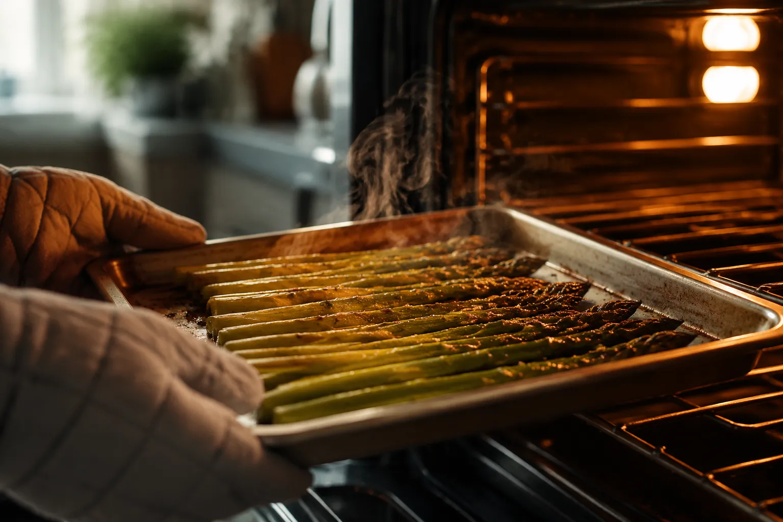 Baked asparagus roasting on a sheet pan in a hot oven