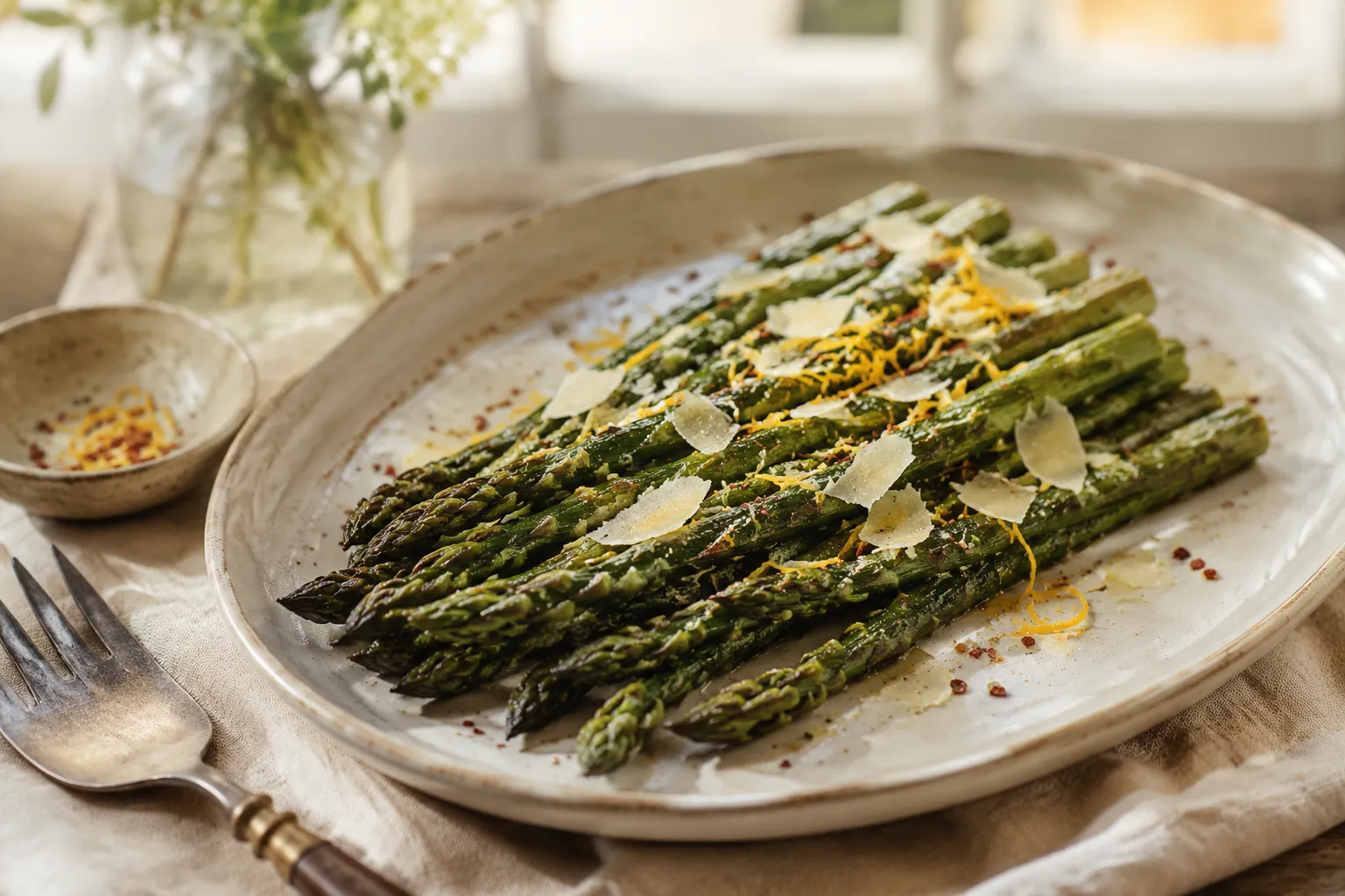 Finished baked asparagus topped with shaved parmesan and lemon zest