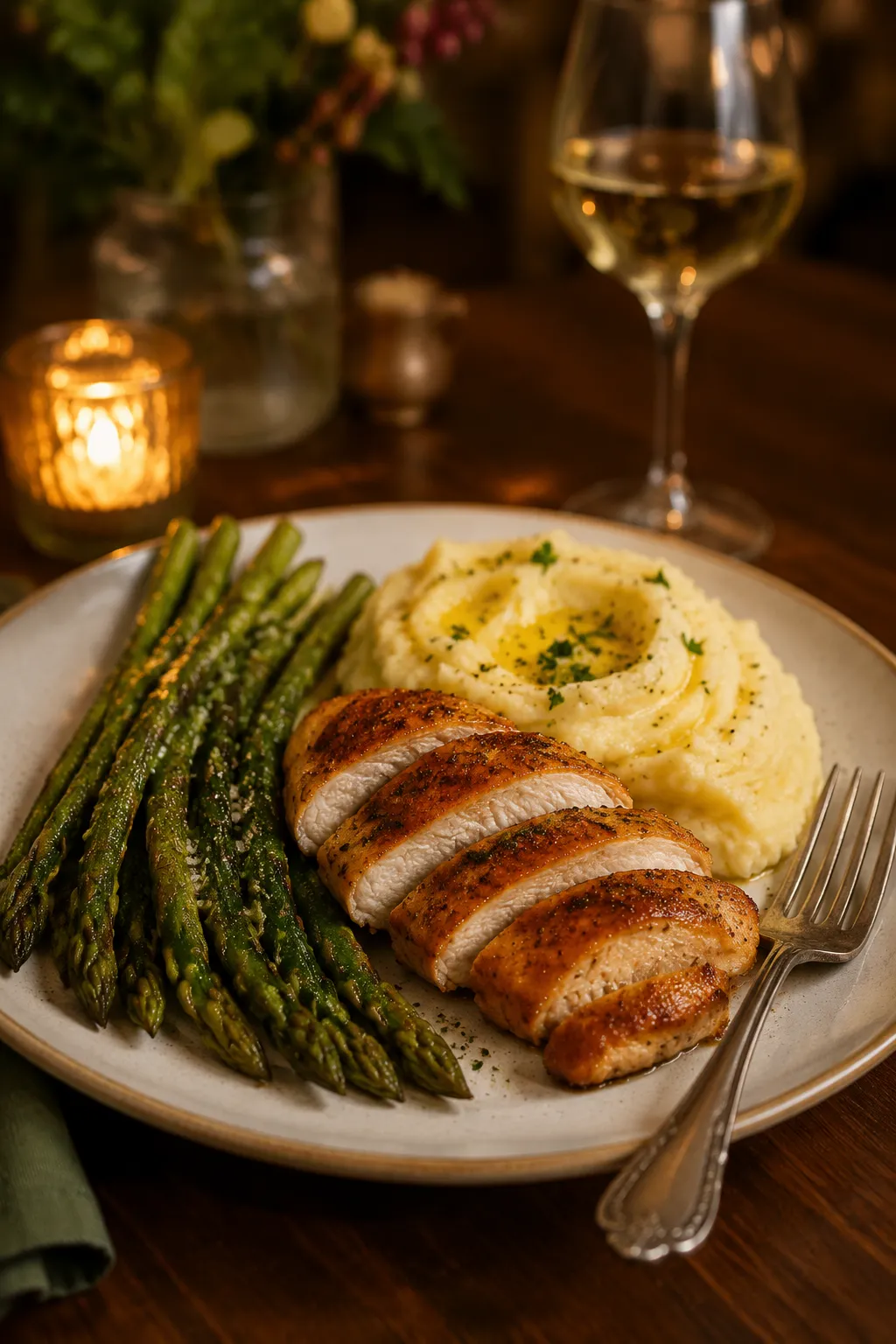 Baked asparagus served with roasted chicken and mashed potatoes