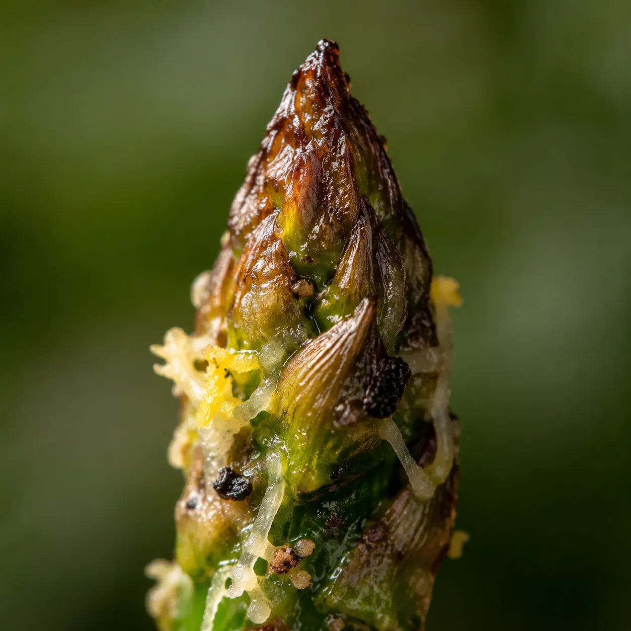 Macro close-up of a crispy roasted asparagus tip with parmesan