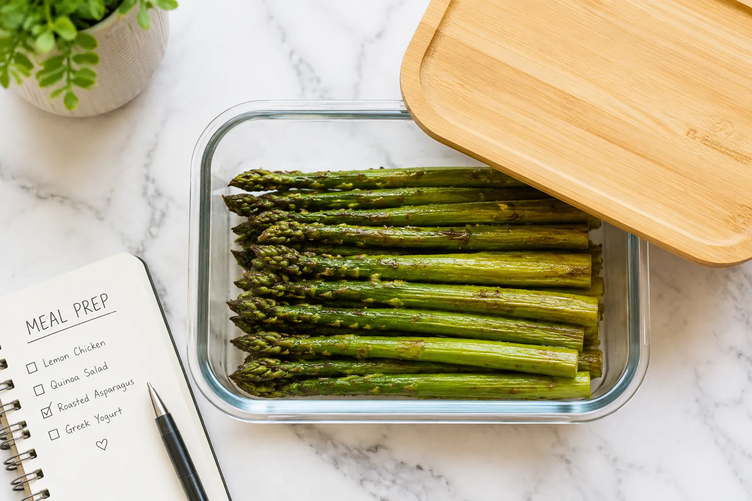 Leftover baked asparagus stored in a glass meal prep container