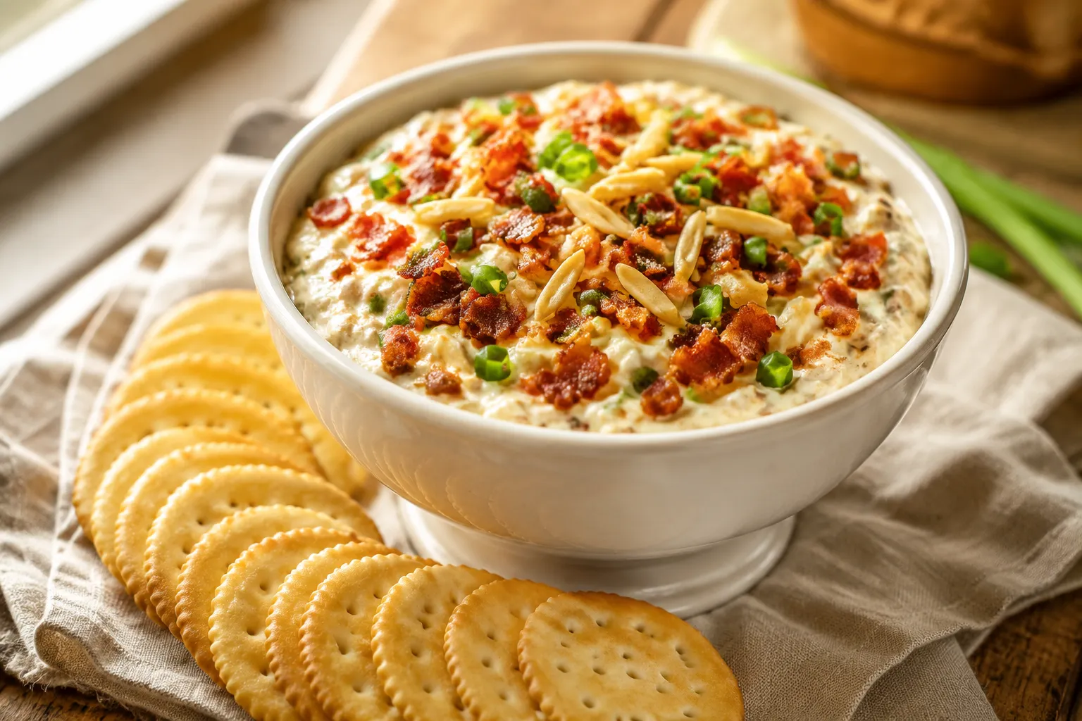 Million dollar dip potluck appetizer recipe in a white bowl with crackers