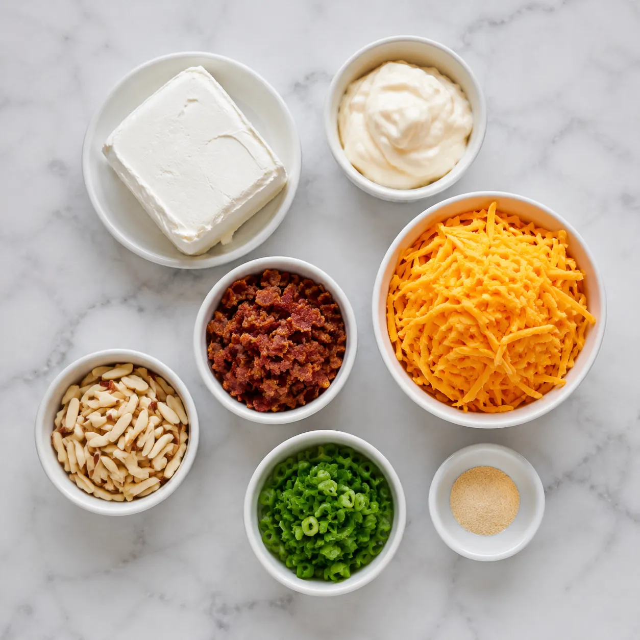 Potluck dip ingredients flatlay with cream cheese, cheddar, bacon, and almonds