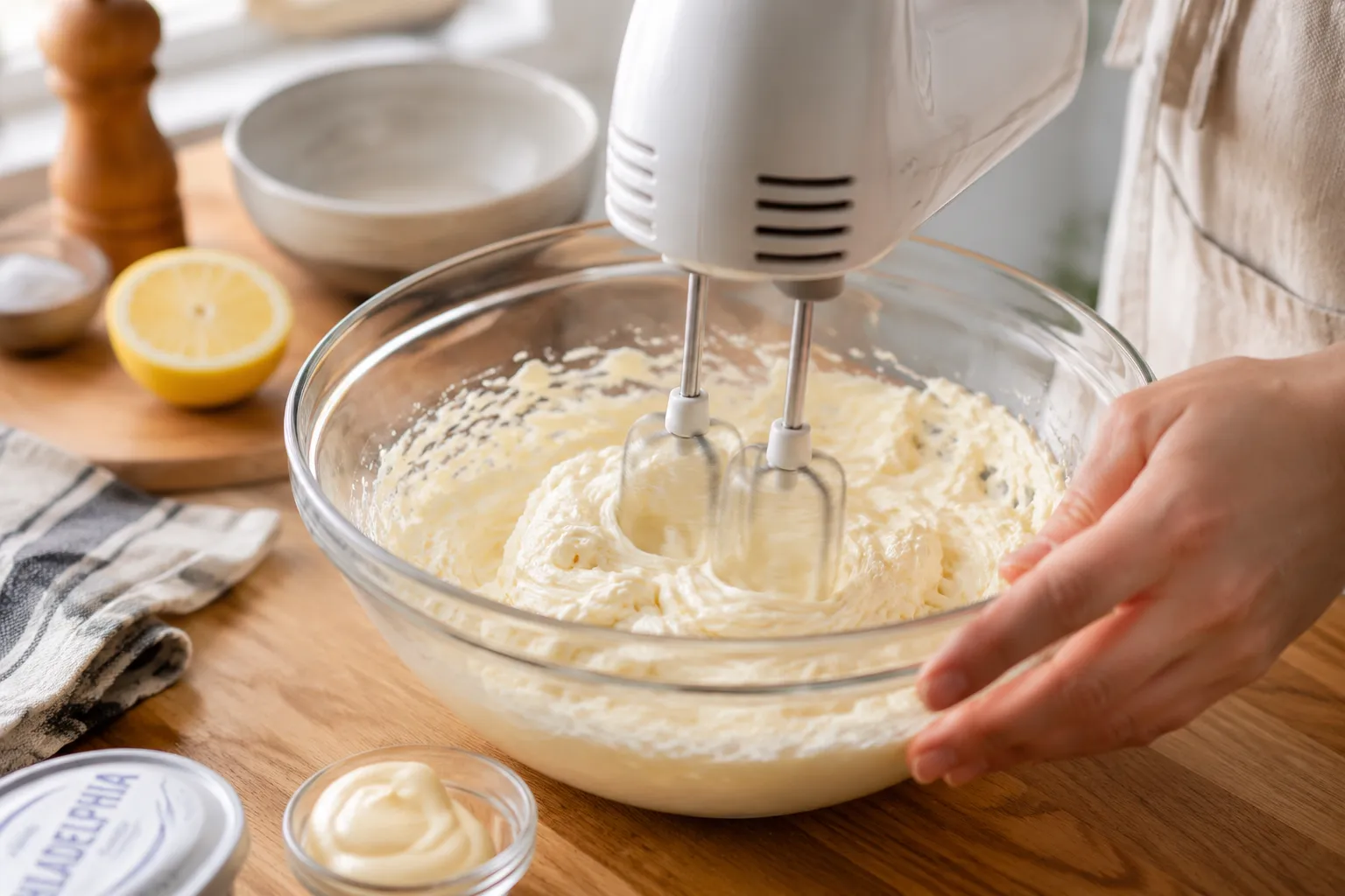 Mixing cream cheese base for an easy potluck appetizer recipe