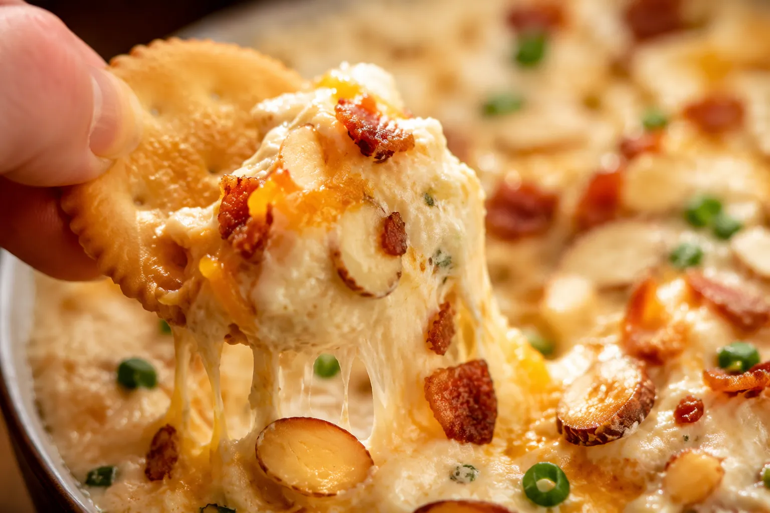 Close-up of cracker scooping creamy potluck dip with bacon and cheese