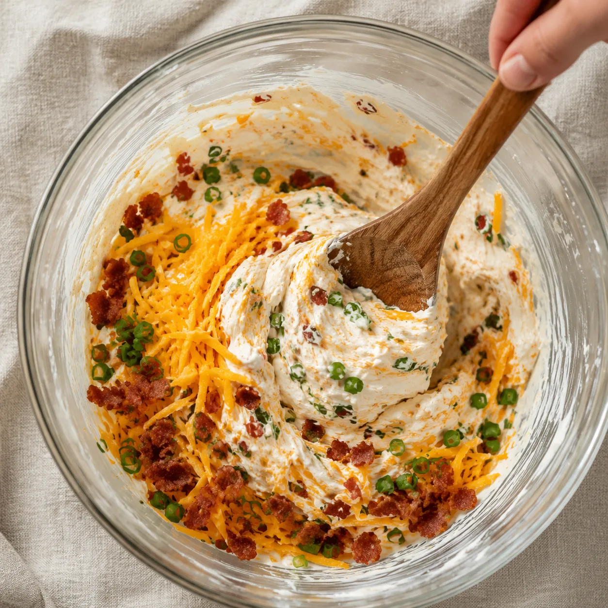 Folding cheddar and bacon into potluck ideas dip recipe