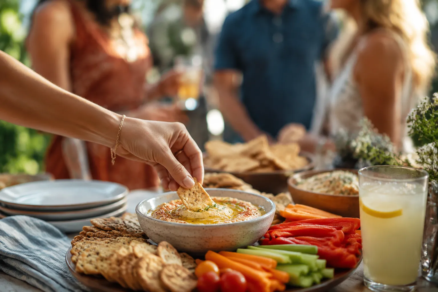 Friends sharing a potluck appetizer dip at a casual gathering