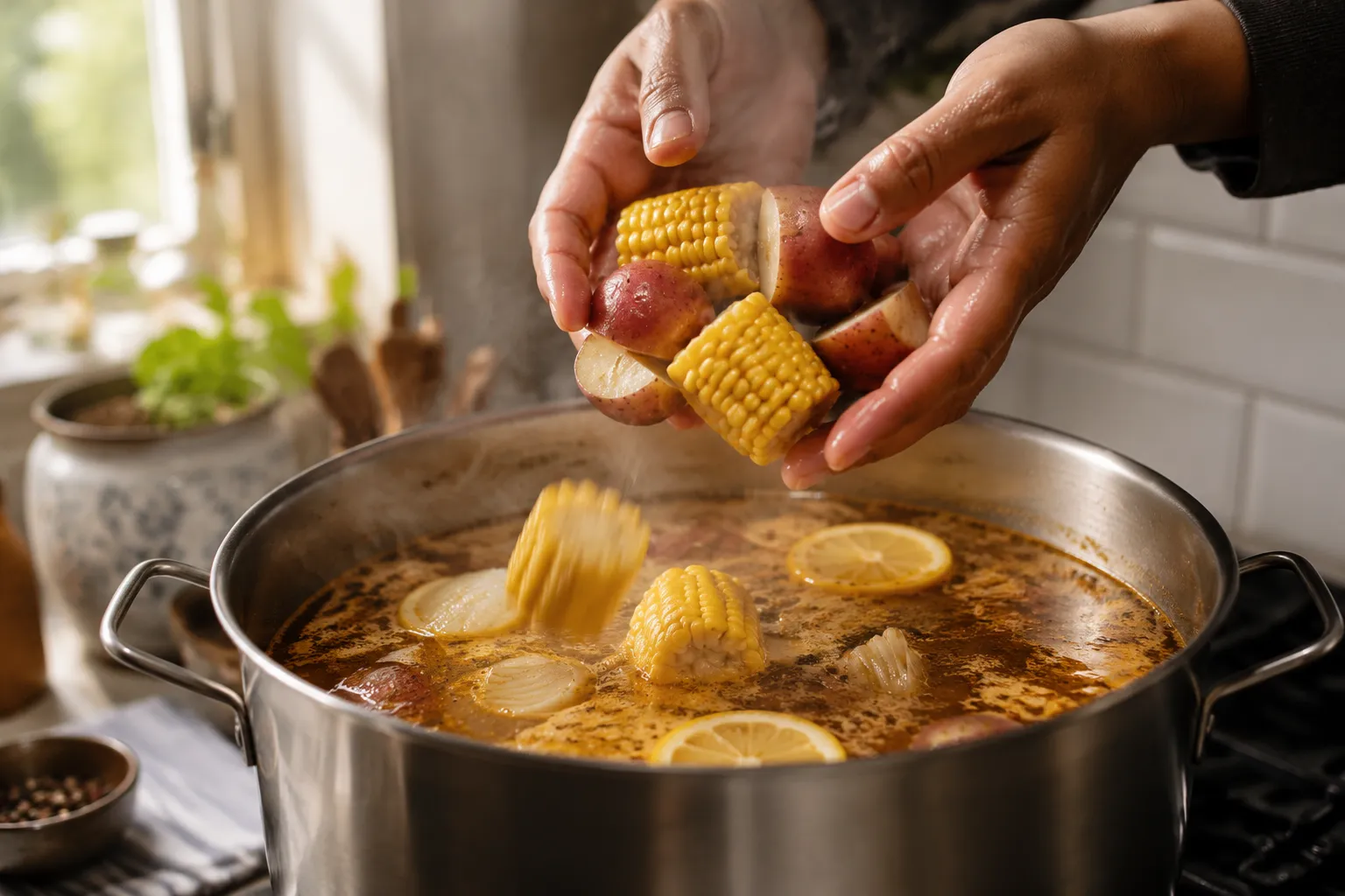 Adding corn and potatoes to a seafood boil pot