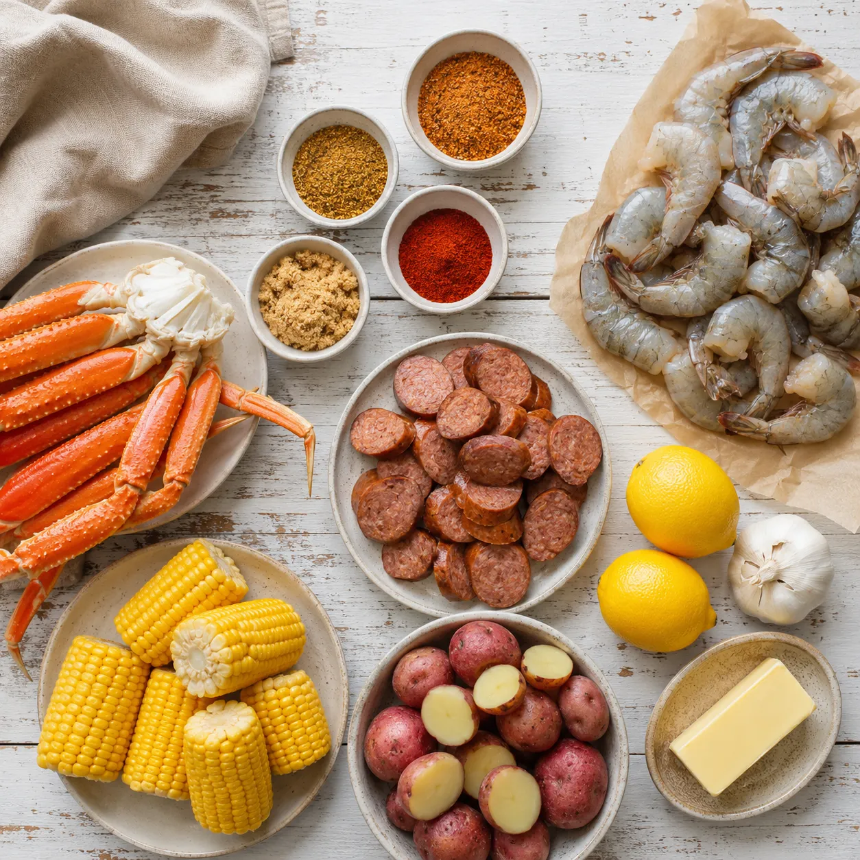 Seafood boil ingredients flatlay with shrimp, crab, sausage, corn, and Cajun seasoning