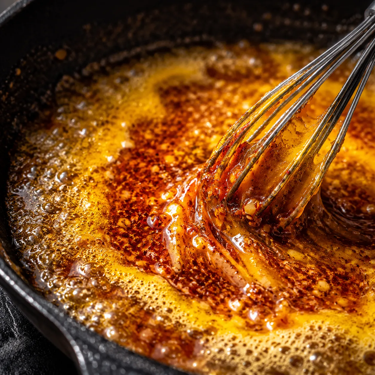 Seafood boil sauce with Cajun seasoning, garlic, and butter in a skillet