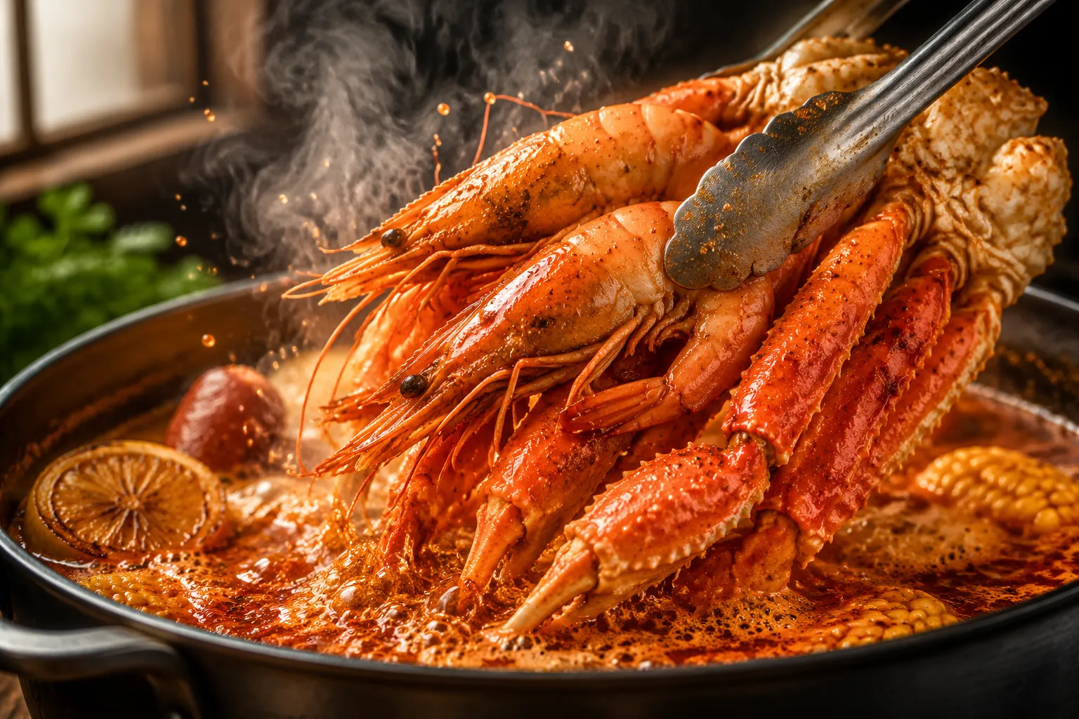 Adding shrimp and crab legs to a seafood boil