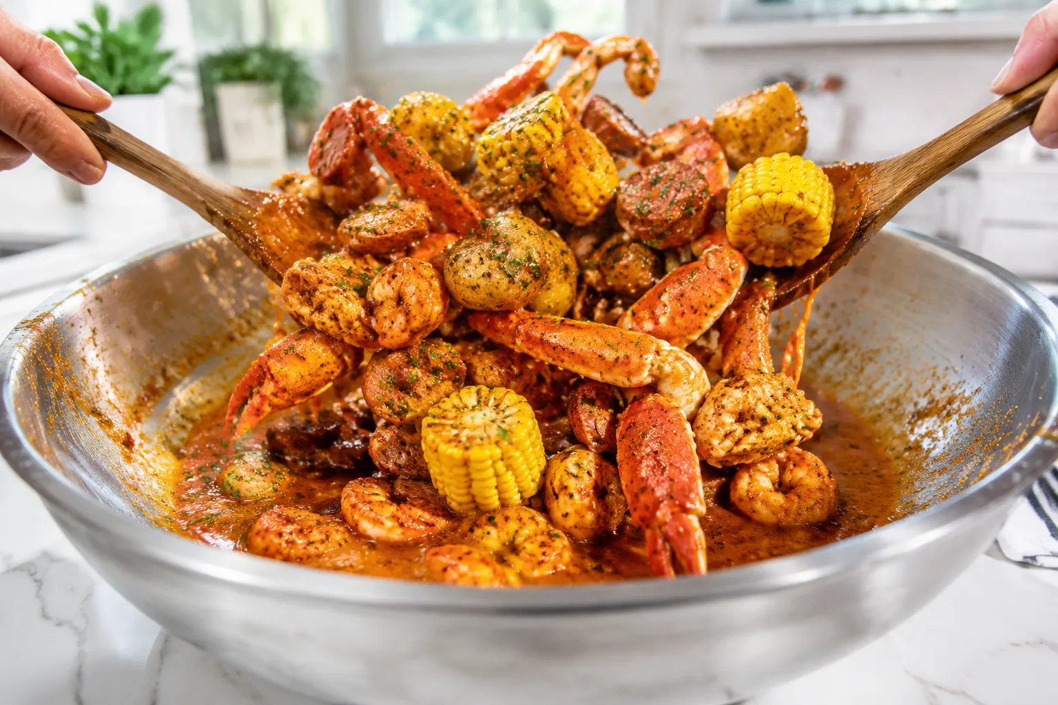 Tossing seafood boil ingredients in Cajun butter sauce