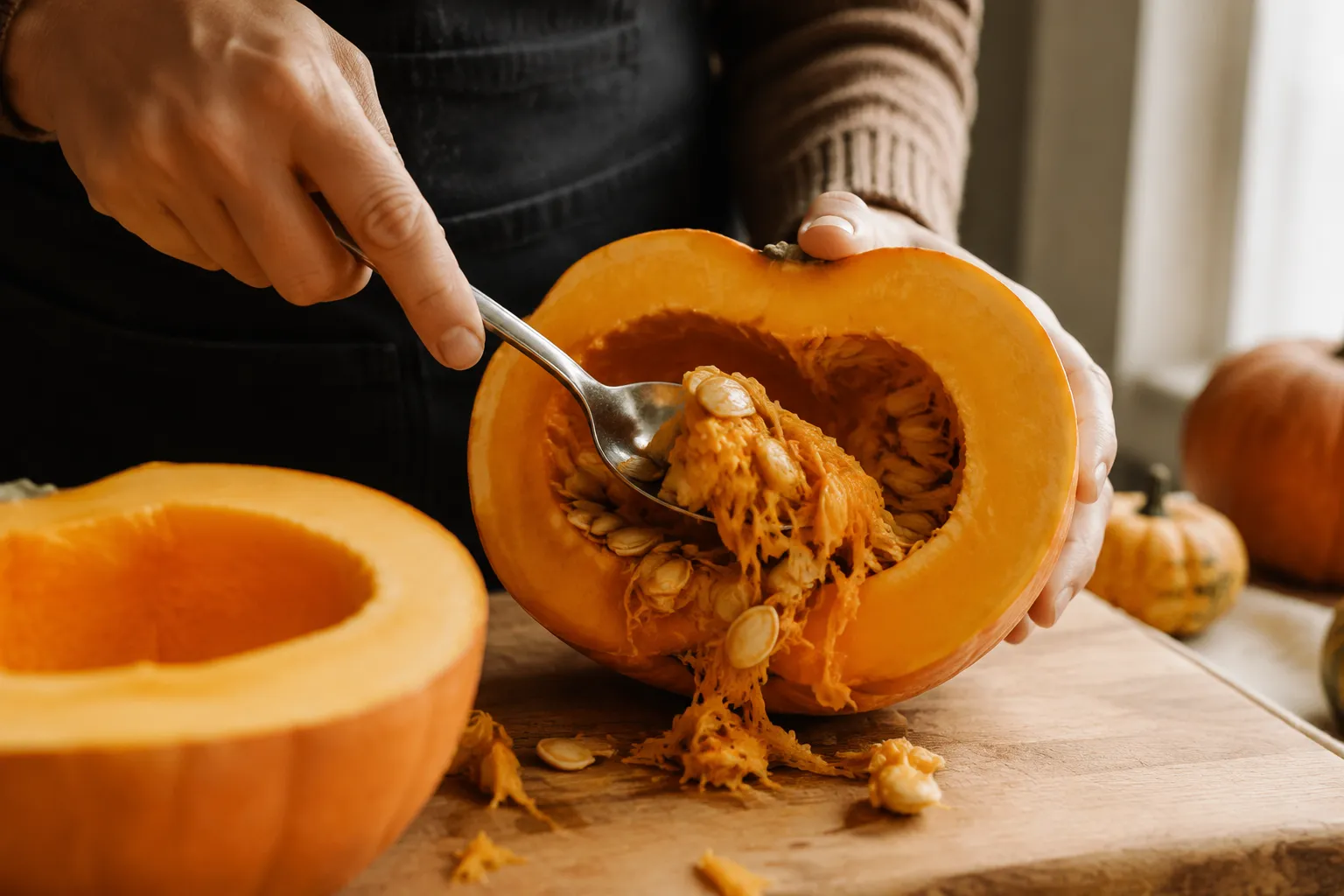 Scooping seeds from fresh pumpkin to make roasted pumpkin seeds