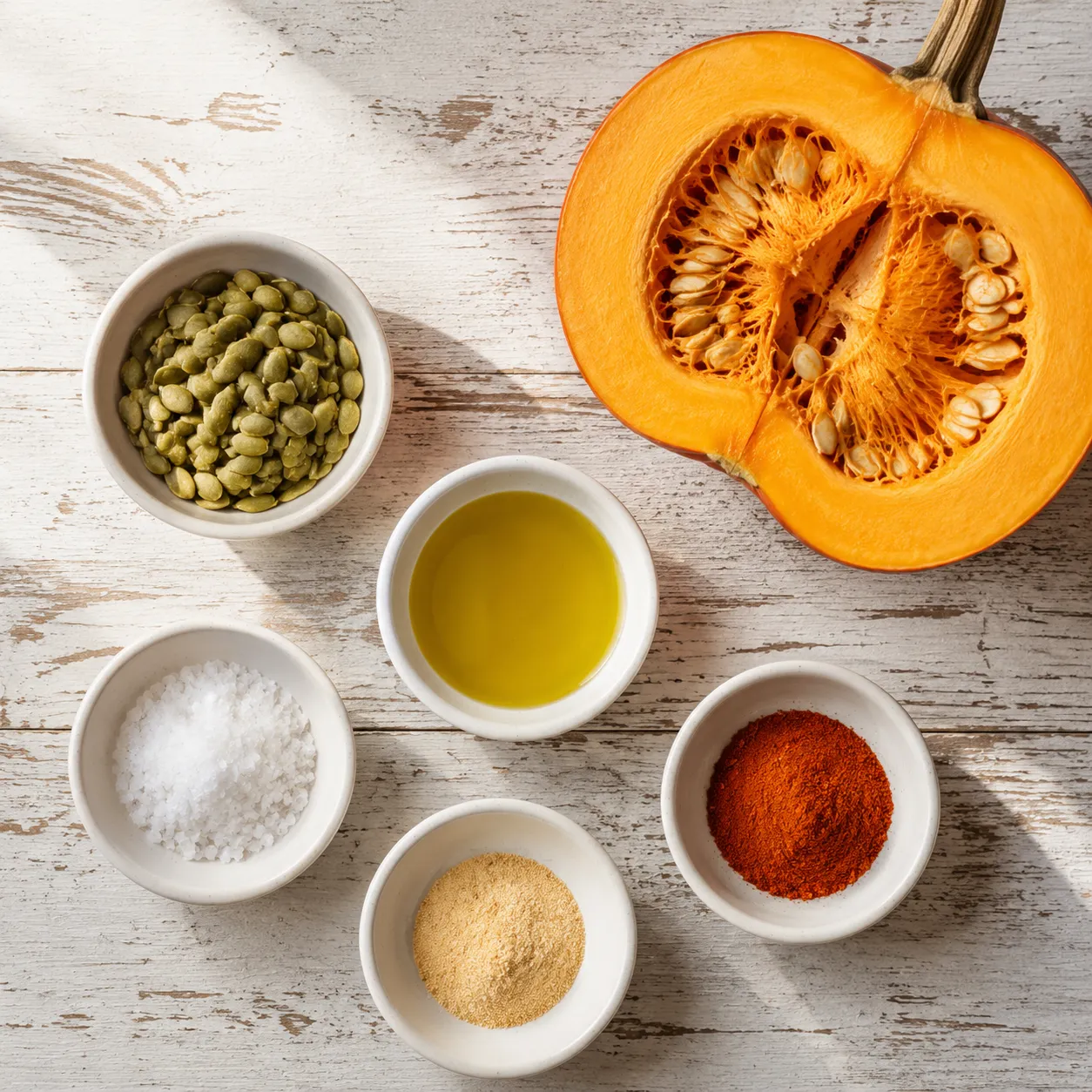 Ingredients for pumpkin pumpkin seeds laid out overhead with halved pumpkin