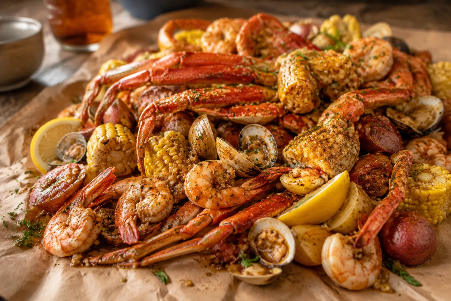 Finished seafood boil with Cajun butter sauce on butcher paper