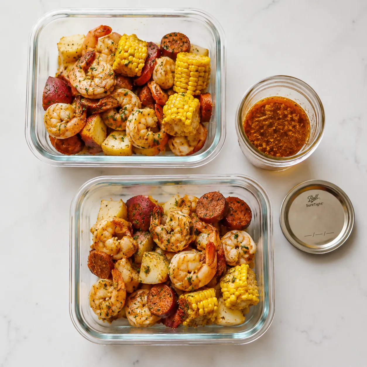 Storing seafood boil leftovers in glass containers