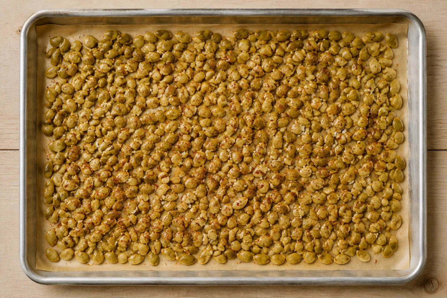 Seasoned pumpkin seeds on a baking sheet ready to roast