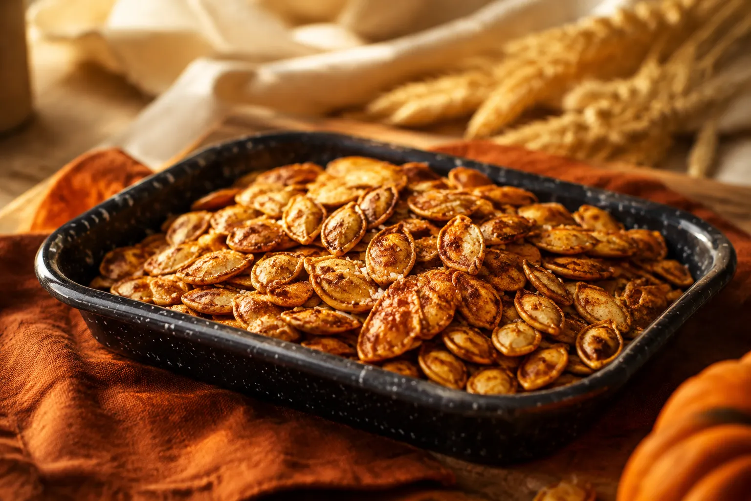 Crispy roasted pumpkin pumpkin seeds finished on a small tray