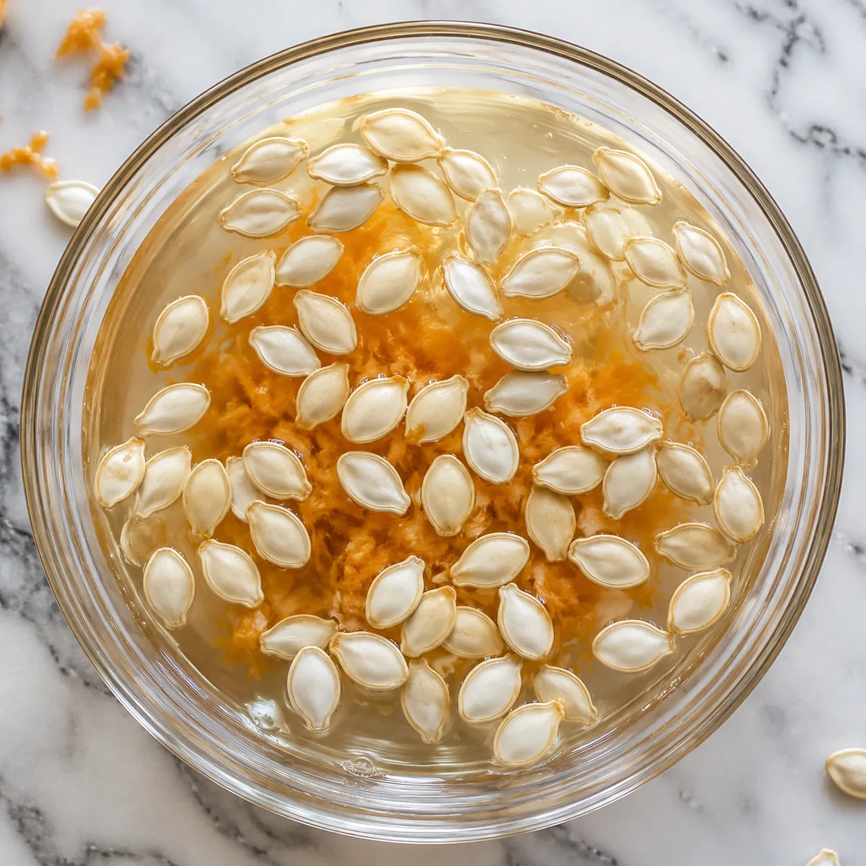 Cleaning pumpkin seeds in a bowl of water before roasting