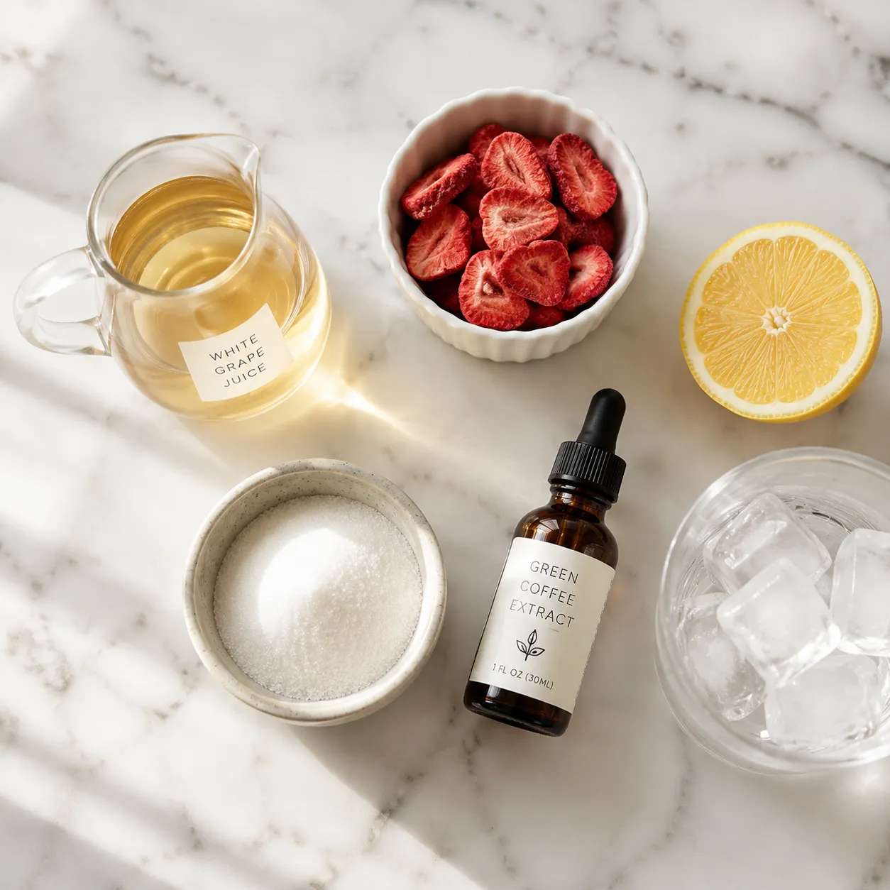Strawberry acai refresher ingredients flatlay with freeze-dried strawberries and white grape juice