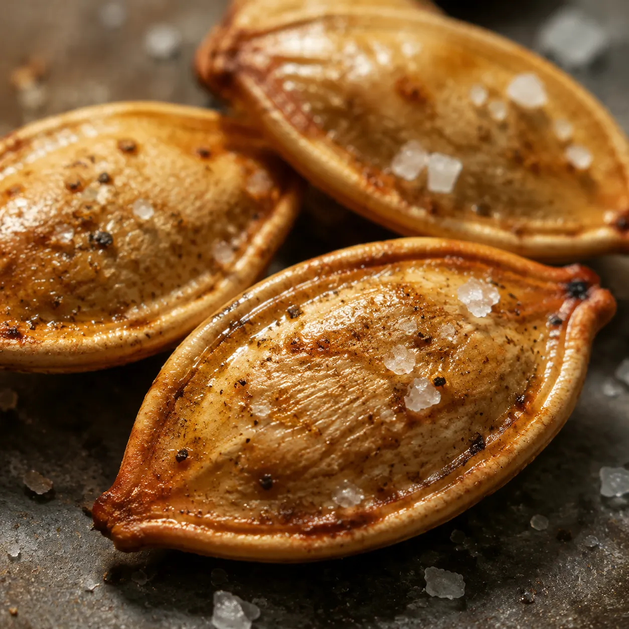Macro close-up of crispy roasted pumpkin seed shell texture