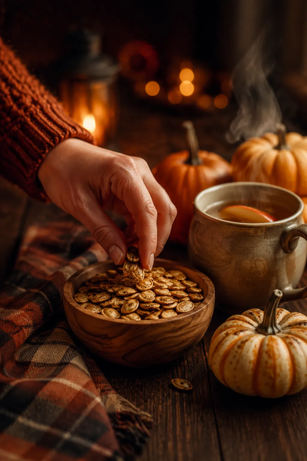 Snacking on pumpkin pumpkin seeds beside a warm mug of cider
