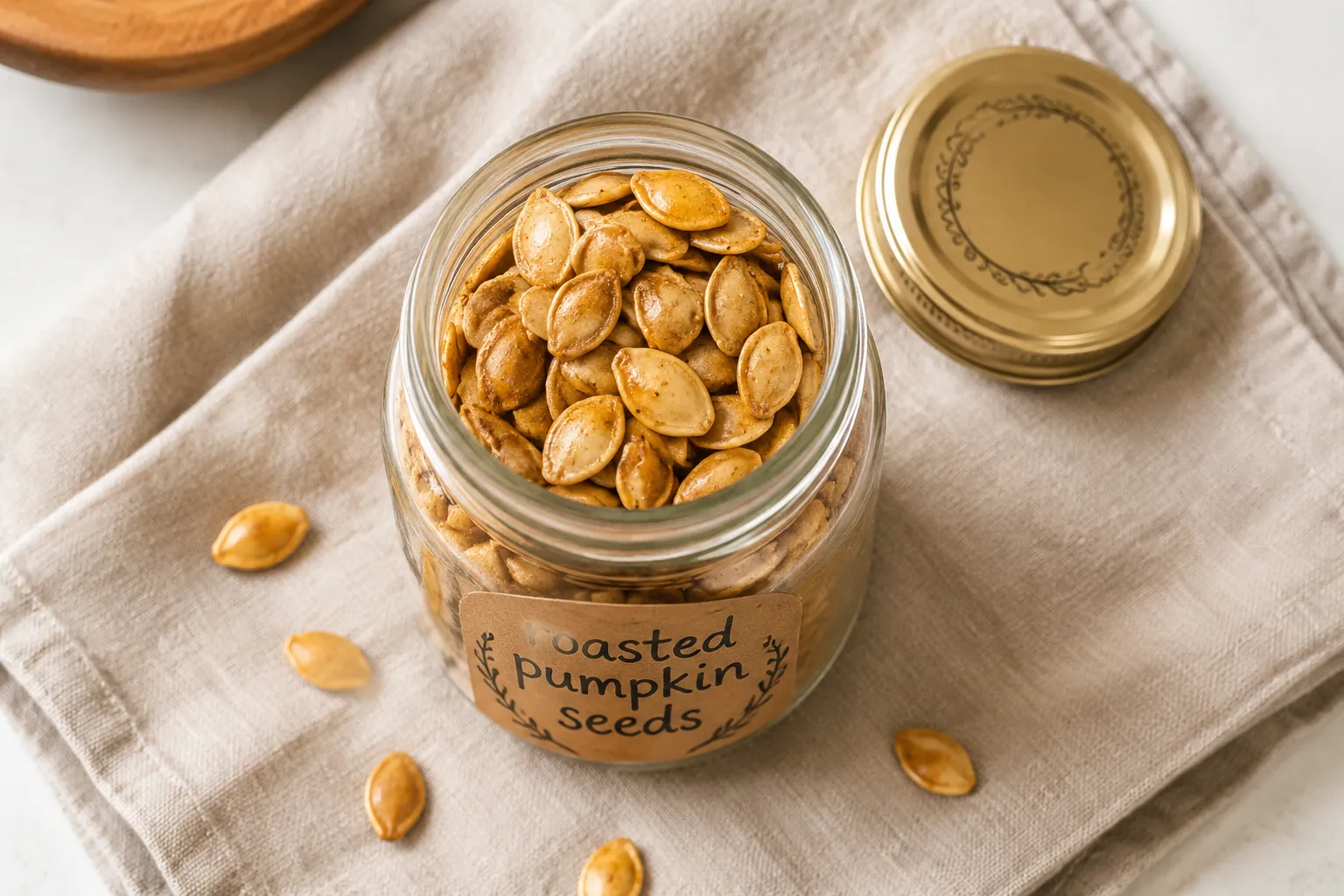 Roasted pumpkin seeds stored in a mason jar for snacking