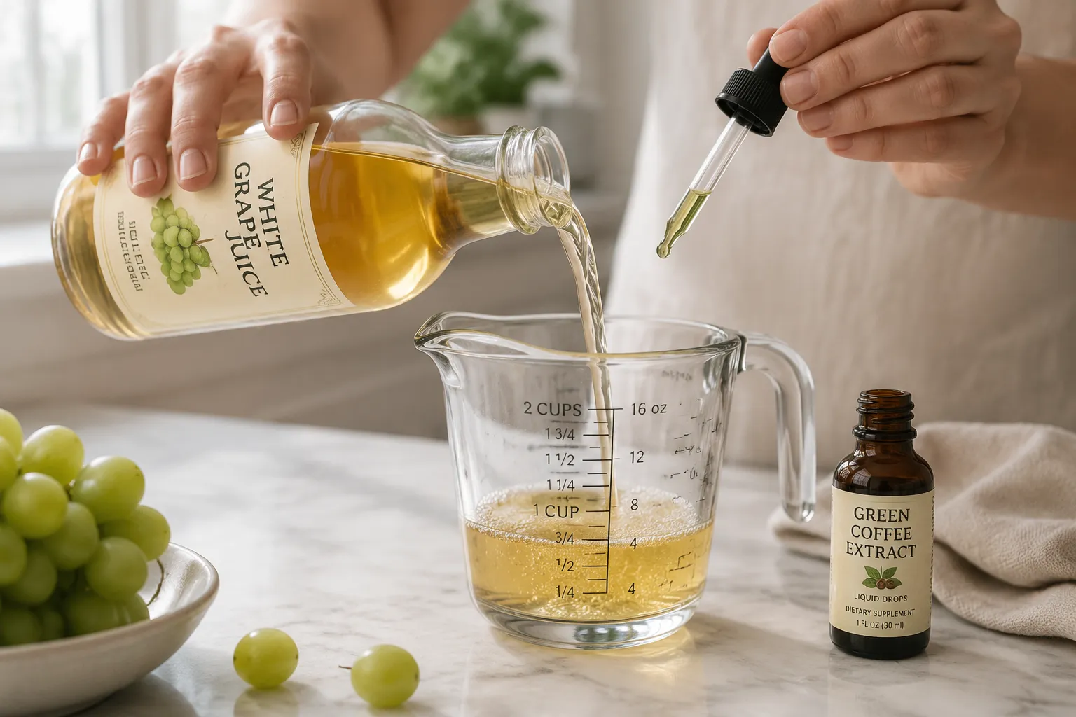 Mixing white grape juice and green coffee extract for strawberry acai refresher base