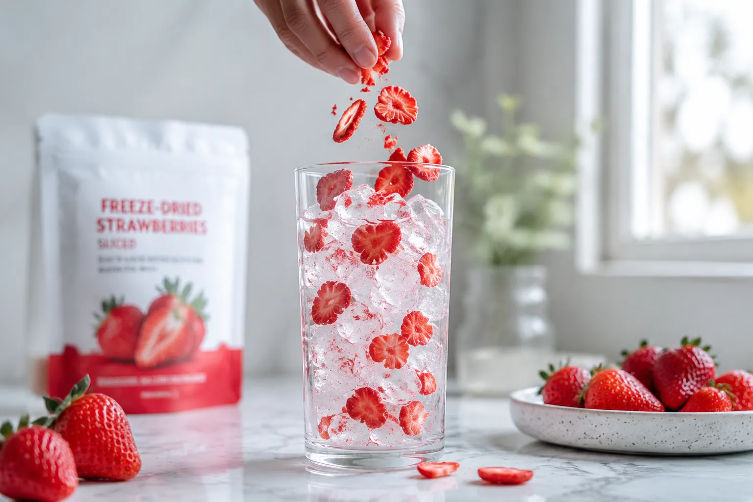 Adding freeze-dried strawberries to ice in a glass for strawberry refresher