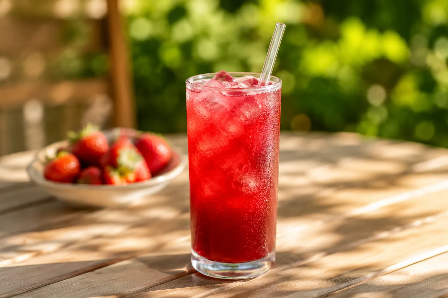 Finished strawberry acai refresher with reusable straw on a sunny patio table