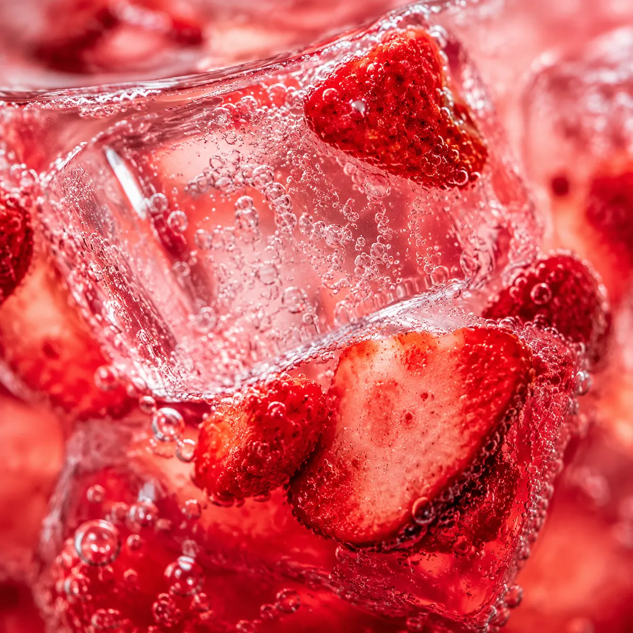 Macro close-up of freeze-dried strawberries and ice in strawberry acai refresher