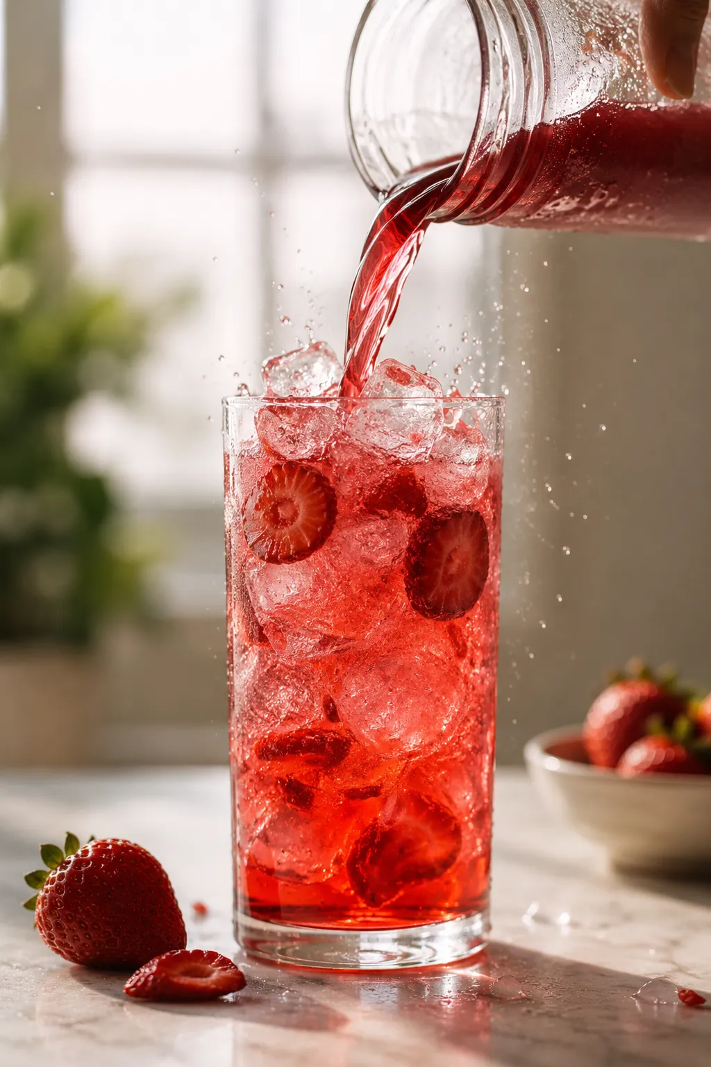 Pouring strawberry acai refresher over ice and freeze-dried strawberries
