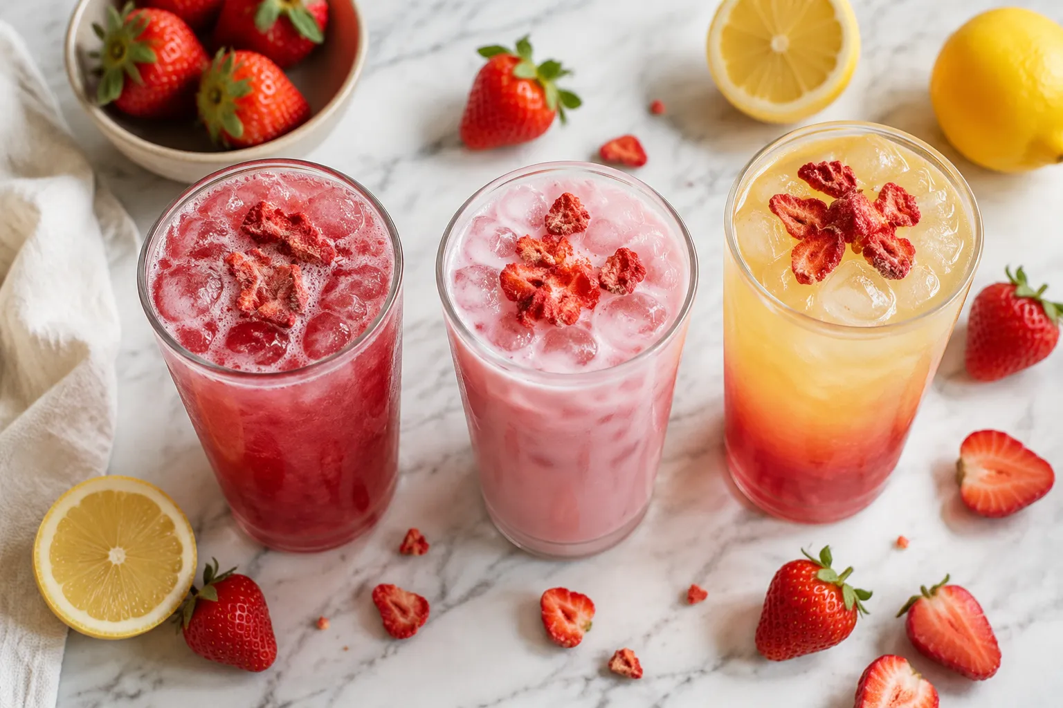 Three strawberry acai refresher variations including pink drink and lemonade