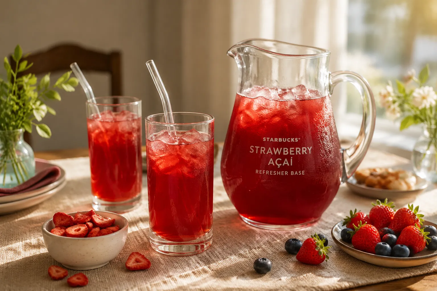 Pitcher of strawberry acai refresher with two glasses for serving at brunch