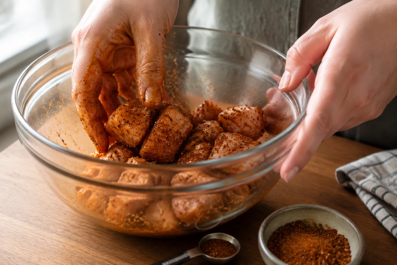 Hands seasoning chicken with Cajun spice blend for creamy Cajun pasta