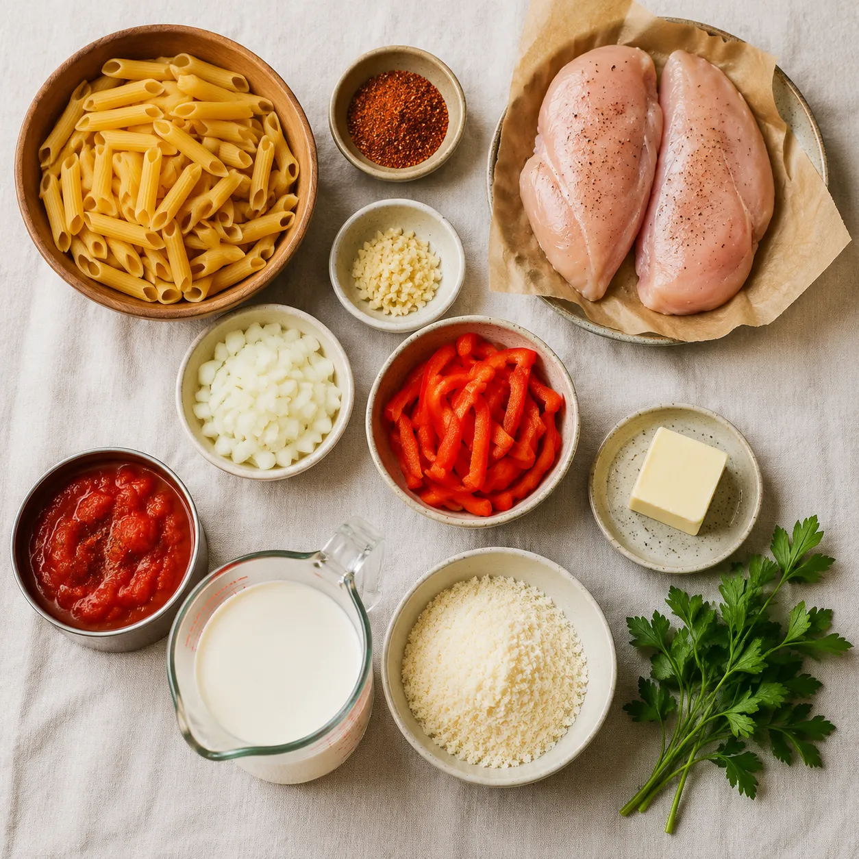 Cajun pasta ingredients flatlay with seasoning, chicken, cream, and penne