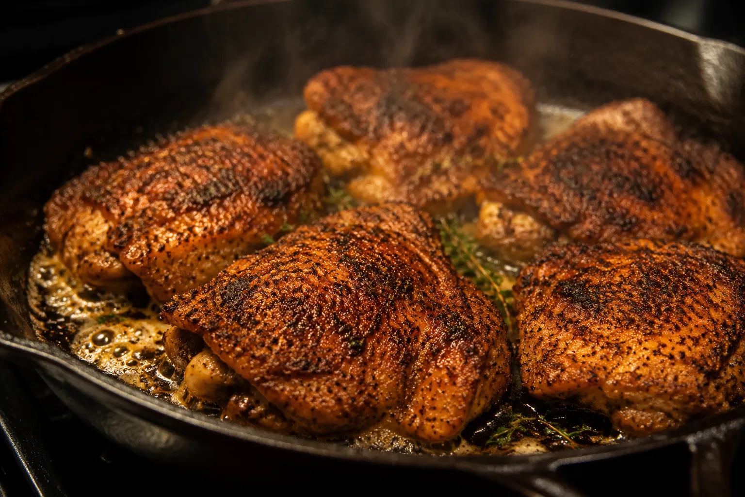 Searing Cajun chicken in a cast iron skillet for Cajun cream pasta