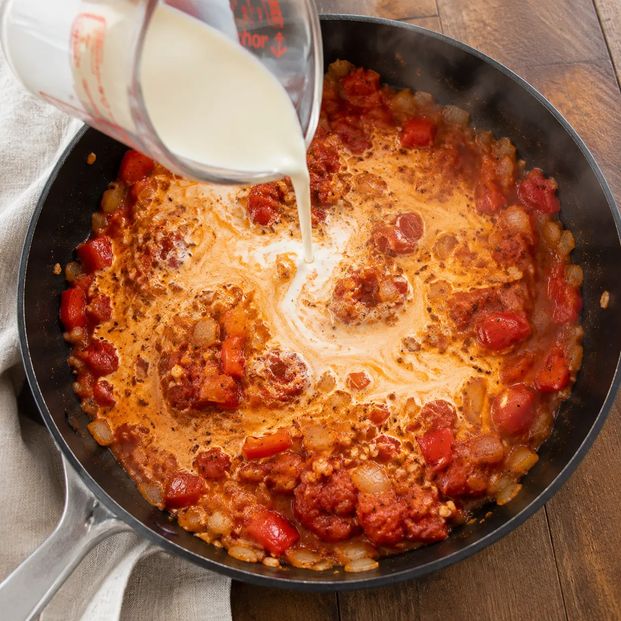 Pouring cream into Cajun pasta sauce with peppers and tomatoes