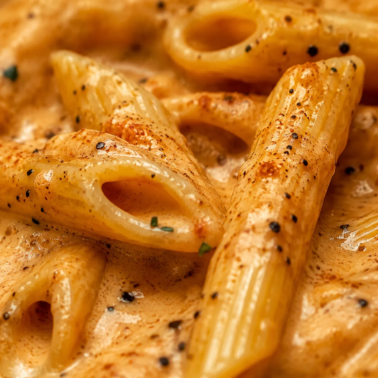 Close-up of penne simmering in creamy Cajun sauce