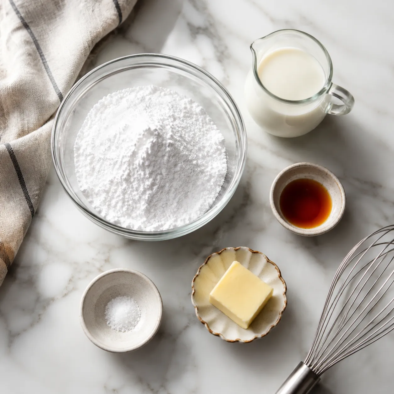 Icing recipe ingredients flatlay with powdered sugar, milk, and vanilla